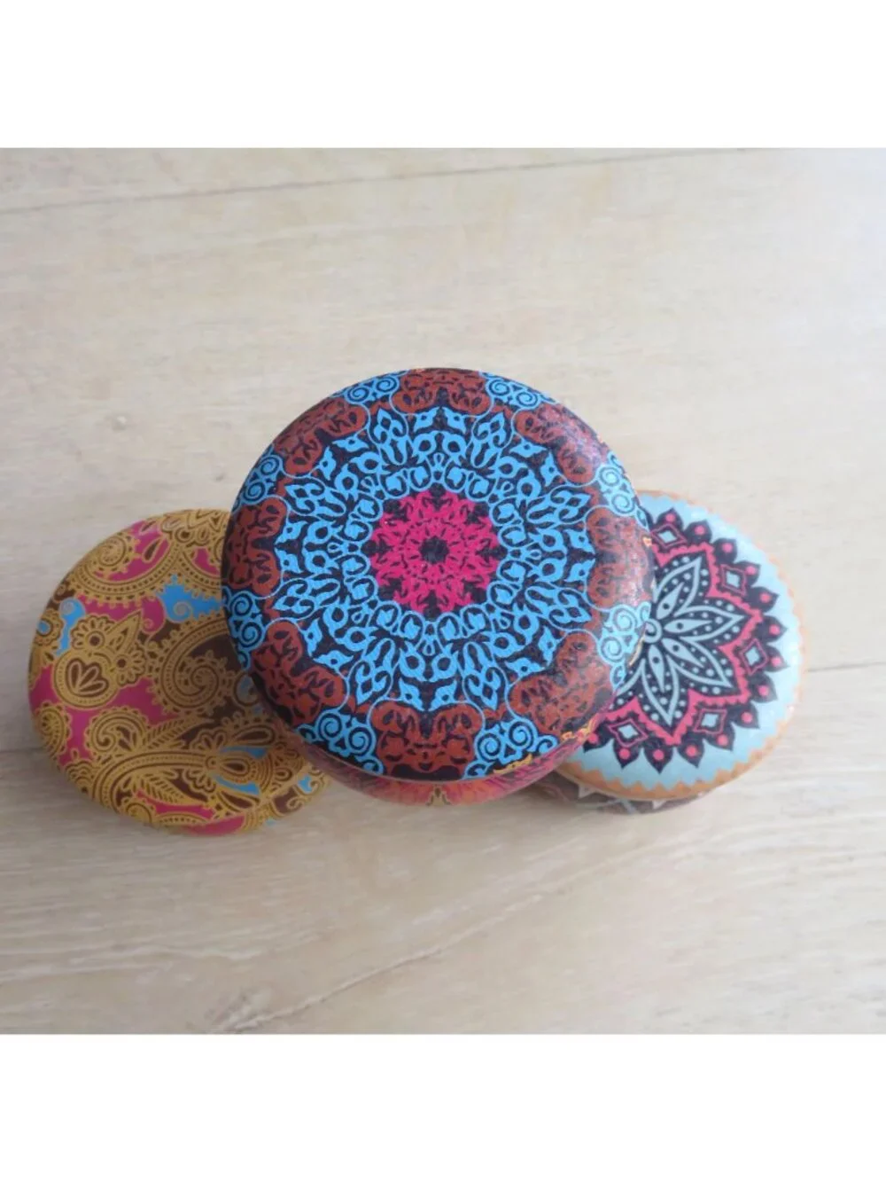 Set of 3 Small Mandala Patterned EMPTY Metal Storage Tins with Lids - 2